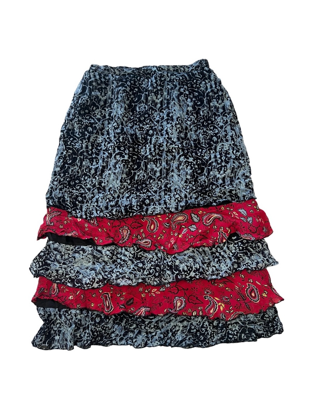 Indira Black & Red Tiered Midi Skirt Boho Grunge Size M